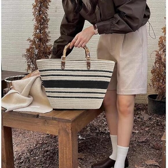 Neiman Marcus Handbags - Neiman Marcus Beige & Black Resin Bamboo Handle Cotton Thread Tote Bag